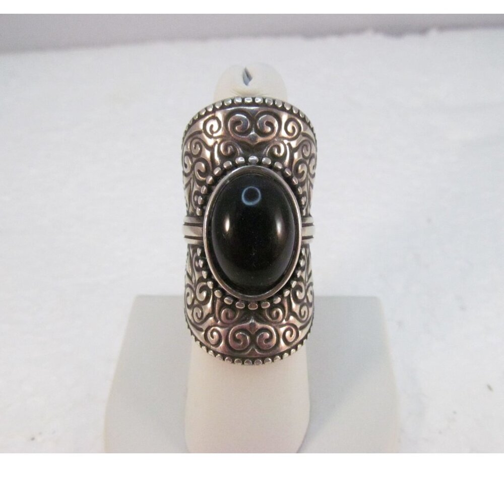 Ornate Swirl Full Finger Silver Plated Copper Ring with Black Cabochon